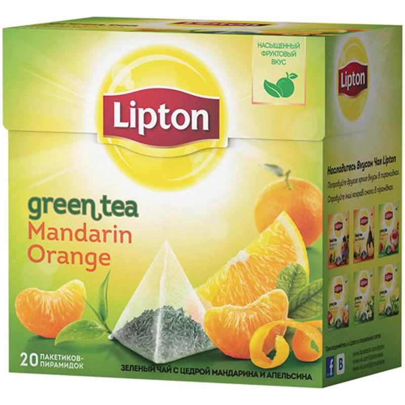 Чай Lipton Green Mandarin Orange, зеленый, 20 пакетиков-пирамидок по 1,8гр: Чай Lipton Green Mandarin Orange, зеленый, 20 пакетиков-пирамидок по 1,8гр: