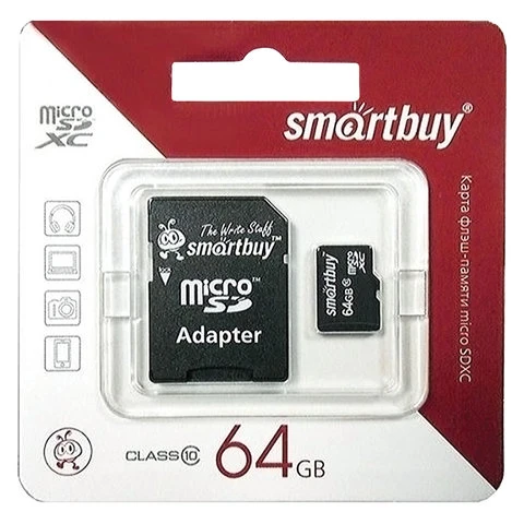 Карта памяти micro SDXC, 64 GB, SMARTBUY, 10 Мб/сек. (class 10), с адаптером,