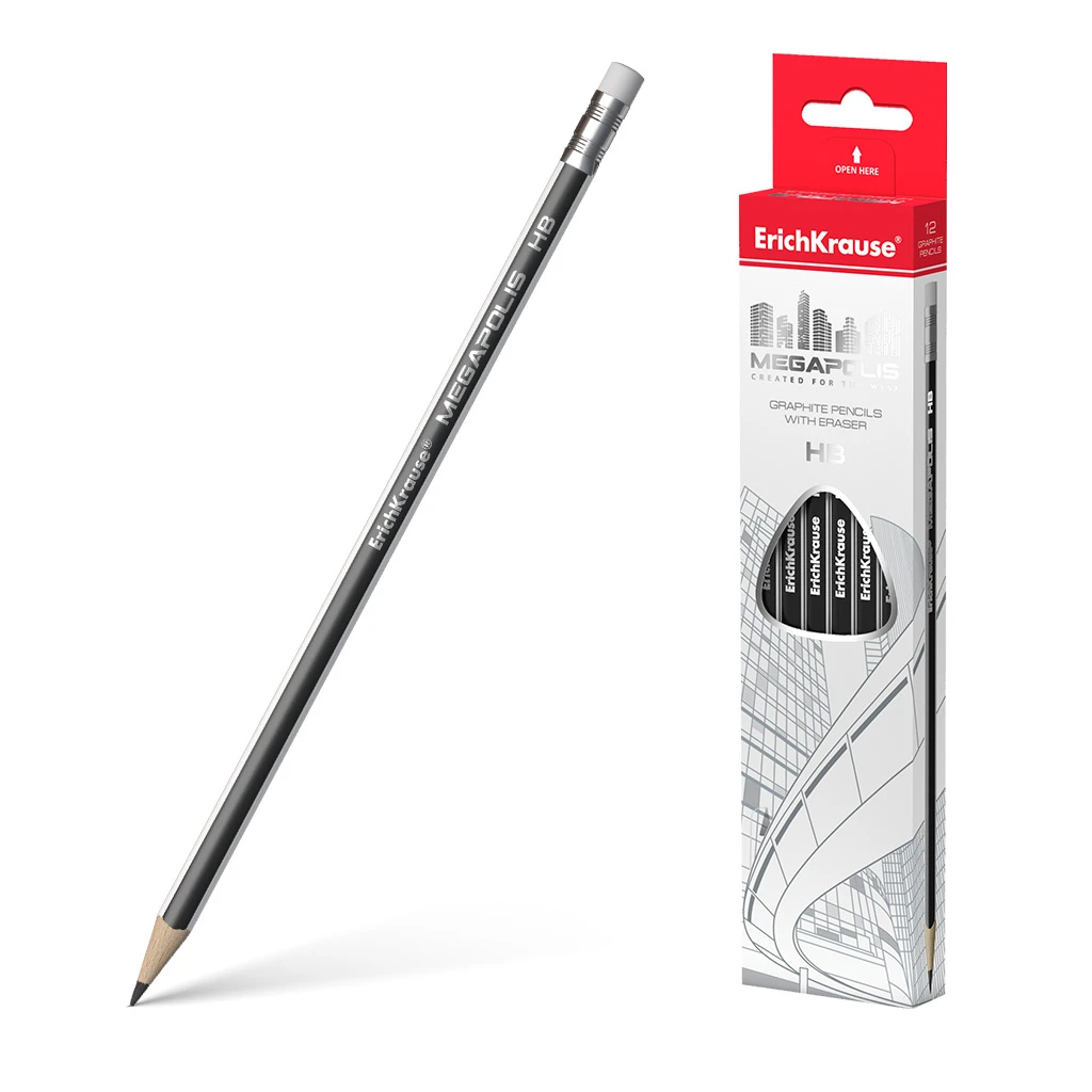 Чернографитный трехгранный карандаш с ластиком Erich Krause® MEGAPOLIS HB (в