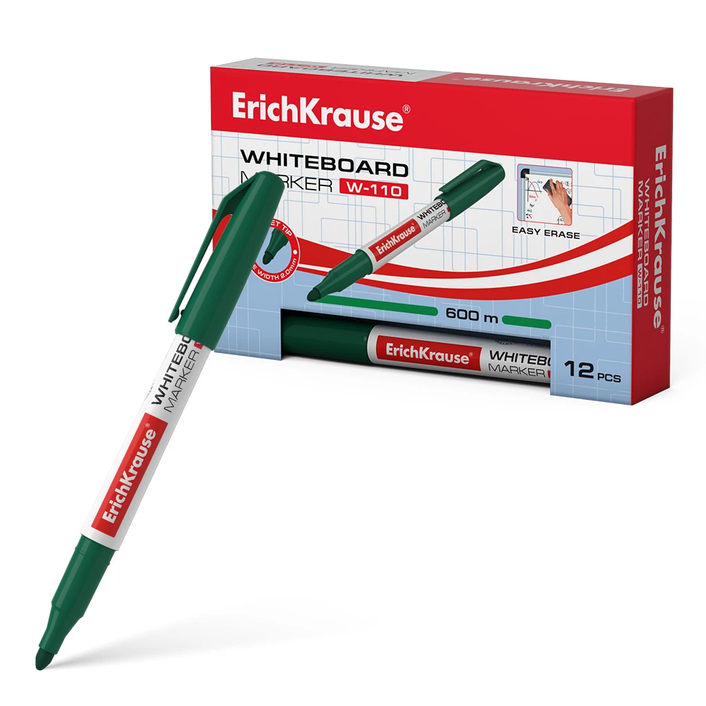 Маркер для досок ErichKrause® W-110, цвет чернил зеленый (в коробке по 12 штук)