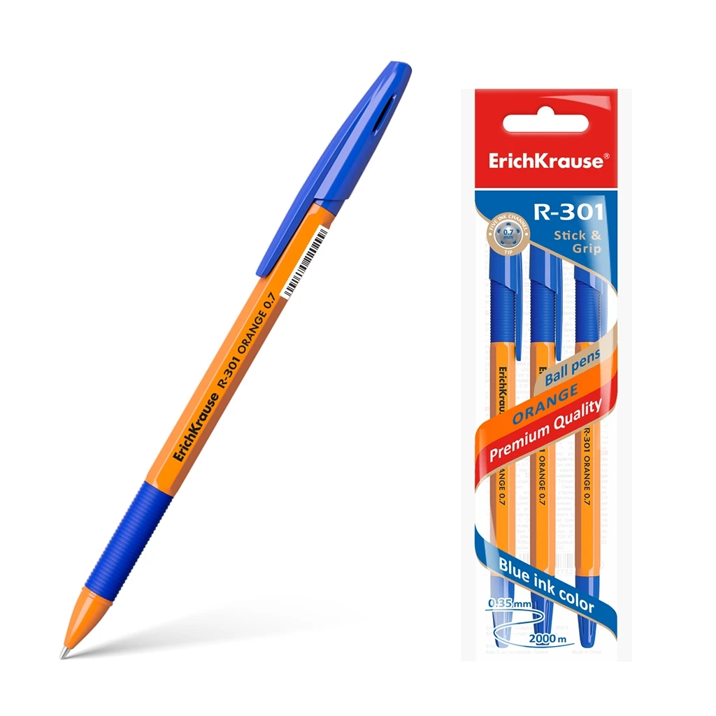 Ручка шариковая Erich Krause R-301 Orange Stick&Grip 0.7, цвет чернил синий (в