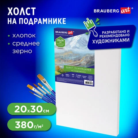 Холст на подрамнике 20х30 см, 380 г/м2, грунтованный, 100% хлопок, BRAUBERG ART,