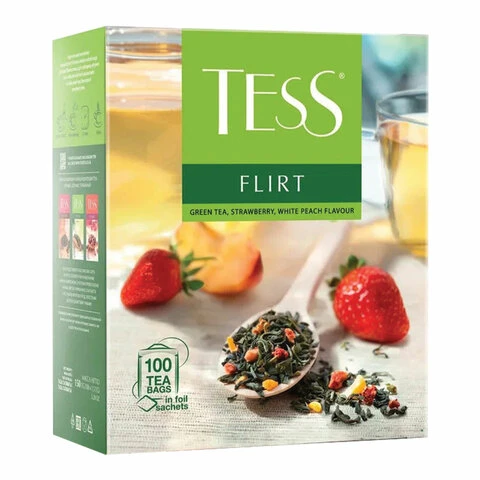 Чай TESS (Тесс) "Flirt", зеленый с клубникой и персиком, 100 пакетиков