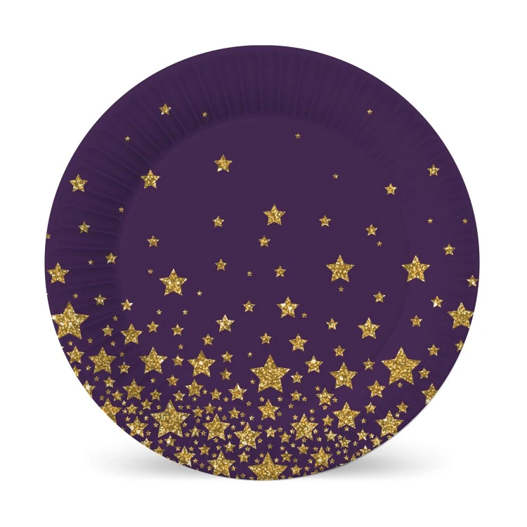 Набор бумажных тарелок Звезды на черном - 2, 6 штук, d=180 мм