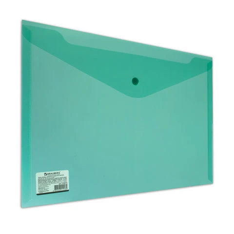 Папка-конверт с кнопкой BRAUBERG, А4, до 100 листов, прозрачная, зеленая,