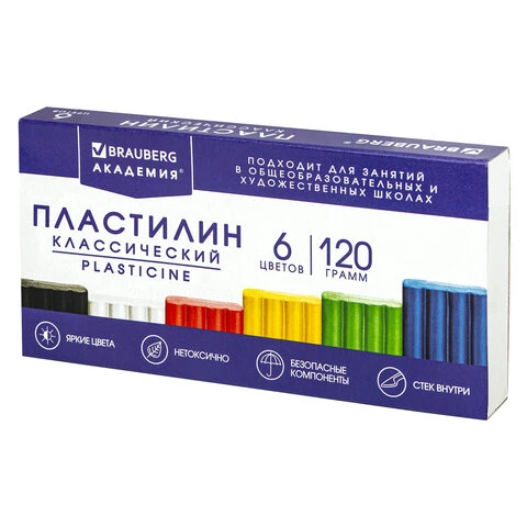 Пластилин классический BRAUBERG "АКАДЕМИЯ ХИТ", 6 цветов, 120 г, стек,