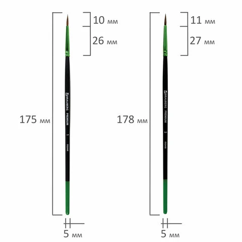 Кисти BRAUBERG PREMIUM, набор 5 шт. (из ворса пони круглые № 1, 2, 3, 4, 5),