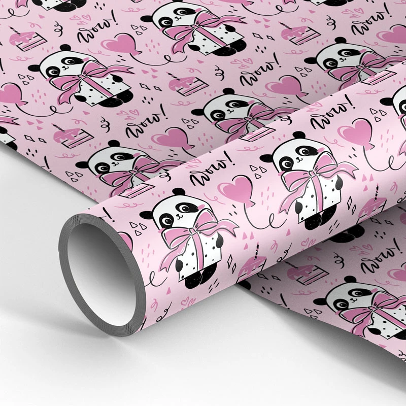 Упаковочная бумага, глянцевая 70*100см, MESHU "PandaGift_Pink", 90г/м2