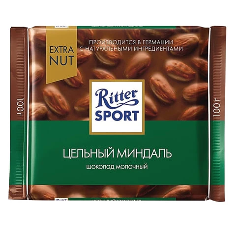 Шоколад RITTER SPORT "Extra Nut", молочный, с цельным миндалем, 100 г,
