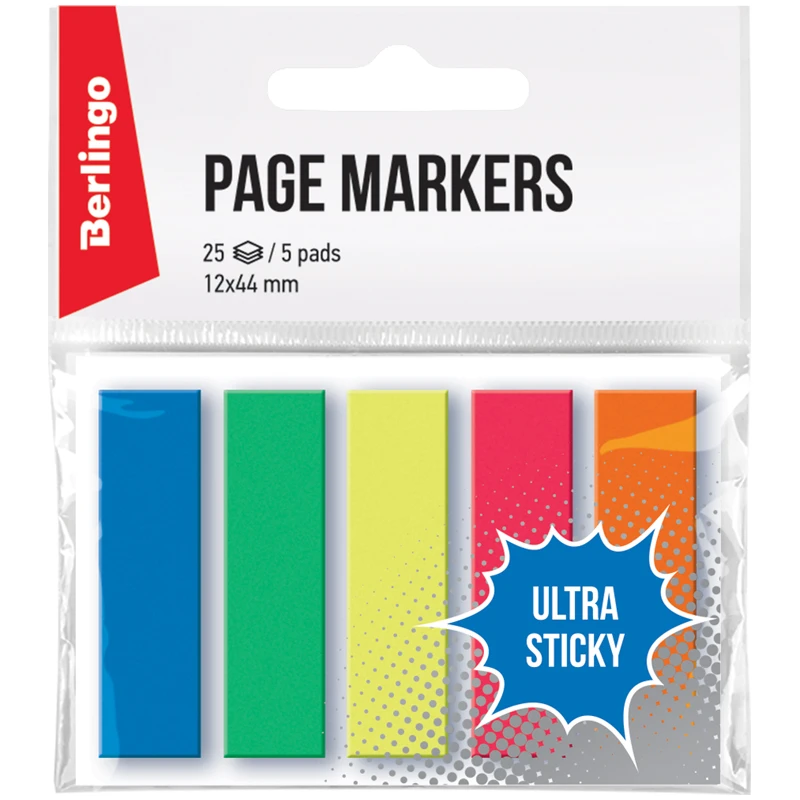 Флажки-закладки Berlingo "Ultra Sticky", 44*12мм, 25л*5 неоновых
