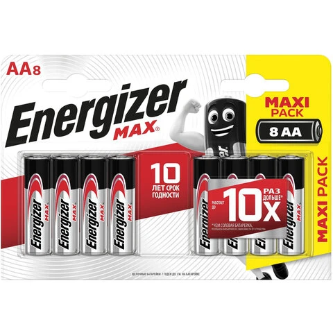 Батарейки КОМПЛЕКТ 8 шт., ENERGIZER Max, AA (LR06, 15А), алкалиновые,