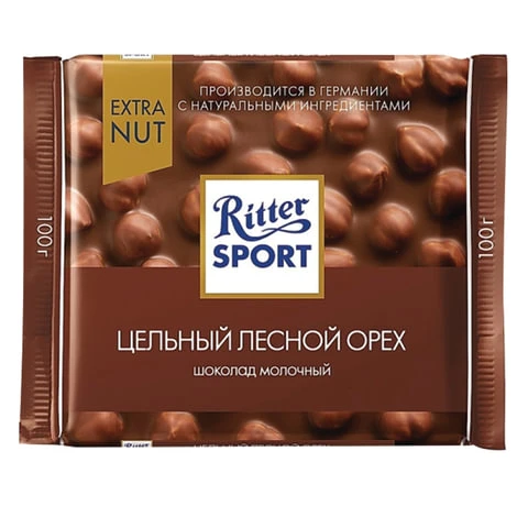Шоколад RITTER SPORT "Extra Nut", молочный, с цельным лесным орехом,