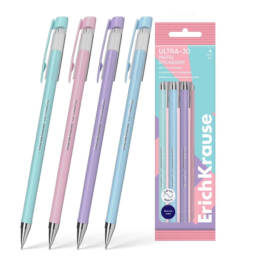 Набор из 4 ручек шариковых Erich Krause ULTRA-30 Stick&Grip Pastel 0.7, Super