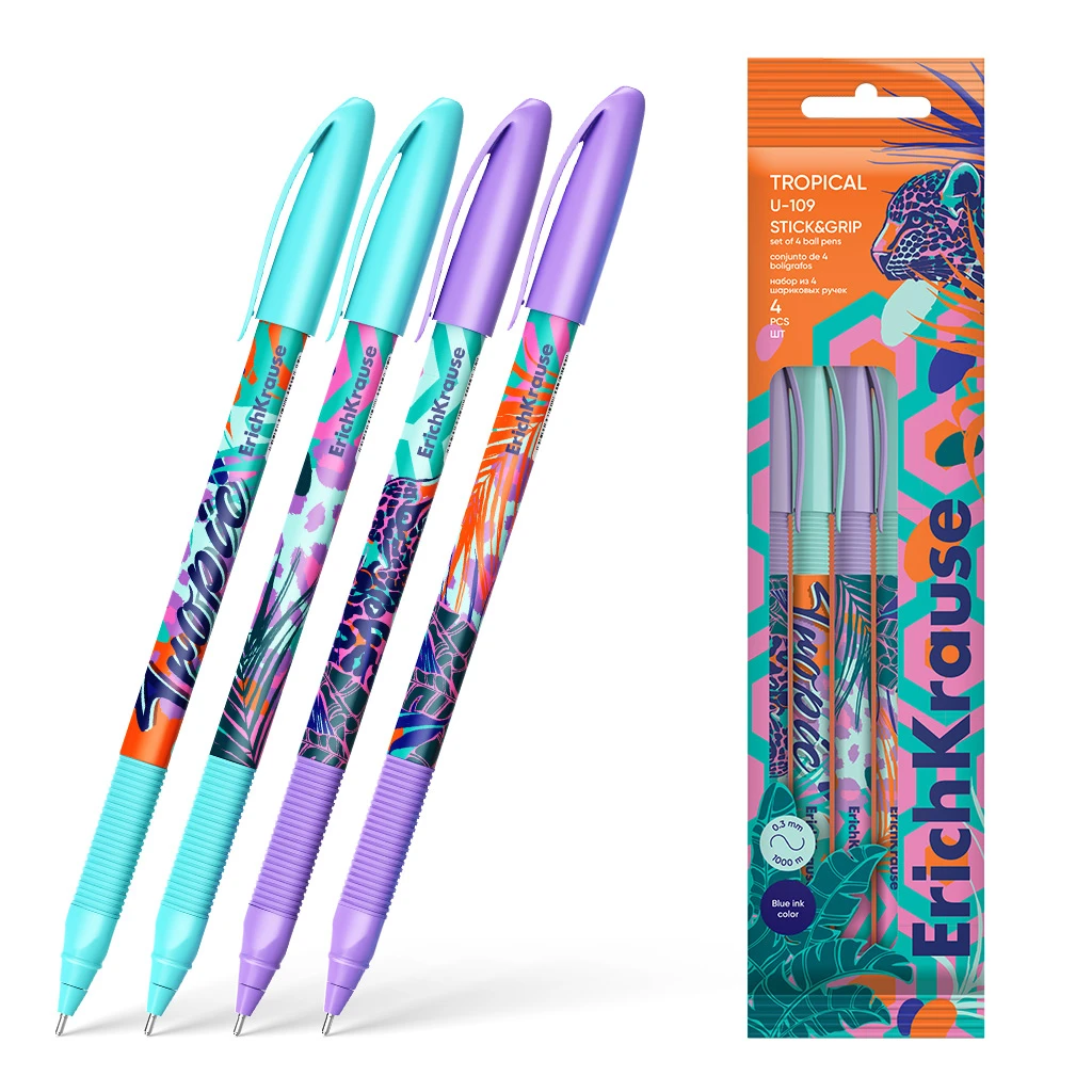 Набор из 4 ручек шариковых Erich Krause U-109 Stick&Grip Tropical 1.0, Ultra