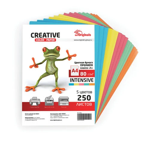 Бумага CREATIVE color (Креатив), А4, 80 г/м2, 250 л. (5 цв. х 50 л.), цветная