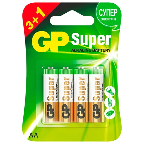 Батарейки GP Super, AA (LR6, 15А) алкалиновые, пальчиковые, КОМПЛЕКТ 4 шт.,