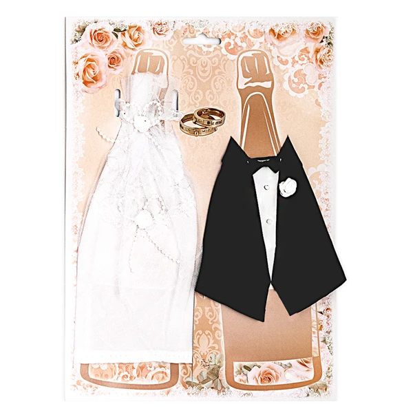 Украшение для бутылок шампанского на свадьбу в виде костюмов жениха и невесты 
