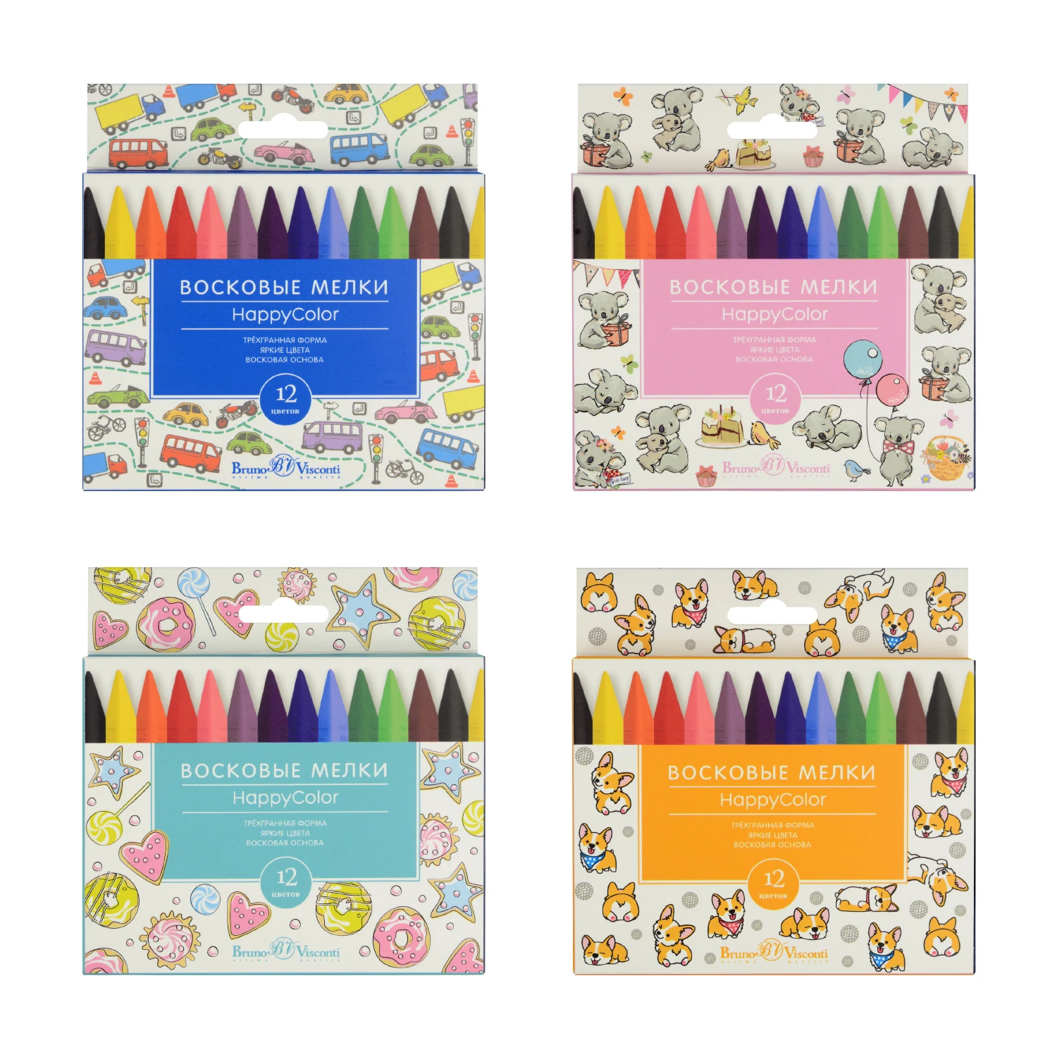 МЕЛКИ ВОСКОВЫЕ "HAPPYCOLOR", 12 ЦВЕТОВ , (трехгранная форма) (4 ВИДА)