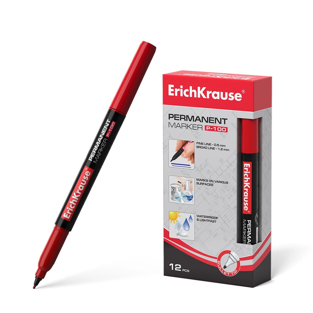 Перманентный маркер ErichKrause® P-100, цвет чернил красный (в коробке по 12