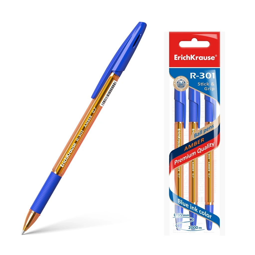 Ручка шариковая Erich Krause R-301 Amber Stick&Grip 0.7, цвет чернил синий (в