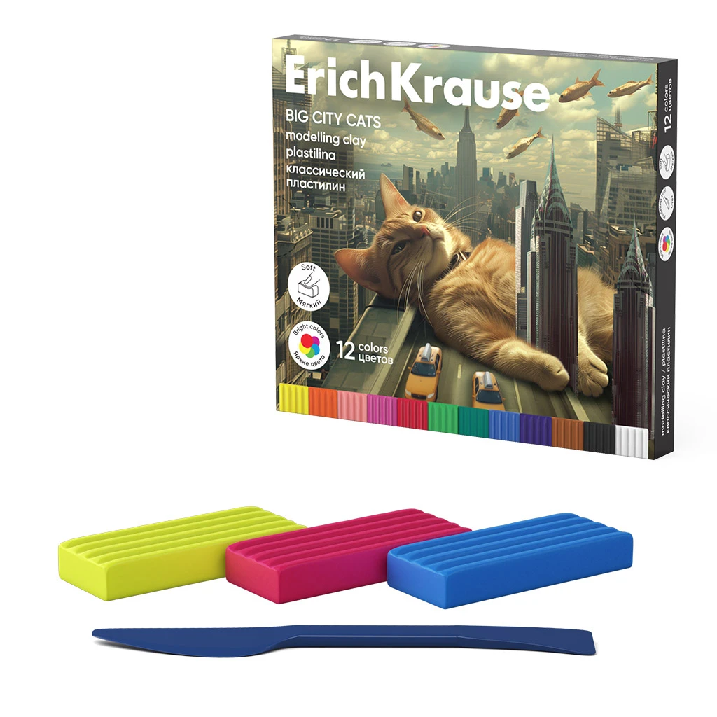 Пластилин классический ErichKrause Big City Cats 12 цветов со стеком, 180 г.