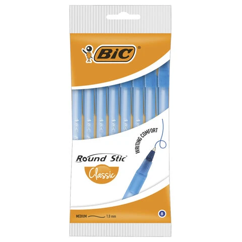 Ручки шариковые BIC "Round Stic", НАБОР 8 шт., СИНИЕ, узел 1 мм, линия