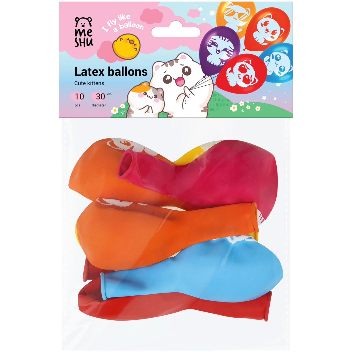 Воздушные шары, 10шт., М12/30см, MESHU "Cute kittens", пастель,