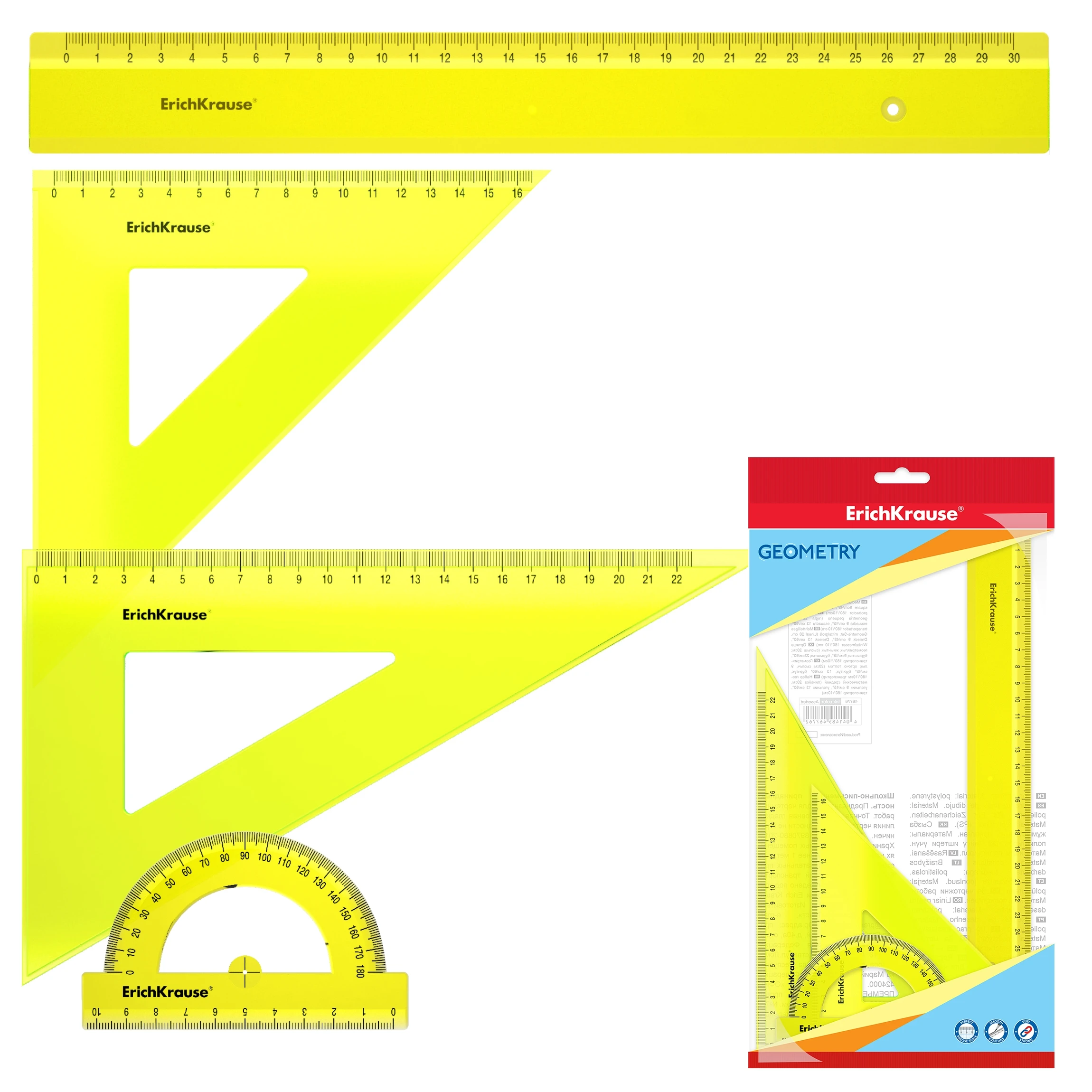 Набор геометрический большой пластиковый ErichKrause® Neon, (линейка, 2