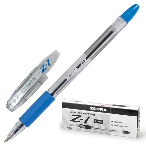 Ручка шариковая с грипом ZEBRA "Z-1", СИНЯЯ, корпус прозрачный, узел