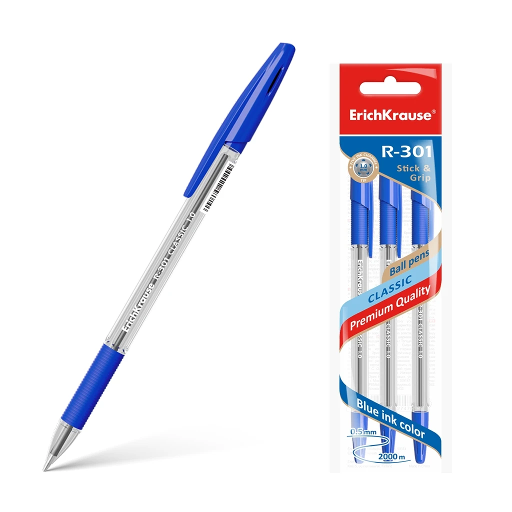 Ручка шариковая ErichKrause® R-301 Classic Stick&Grip 1.0, цвет чернил синий (в