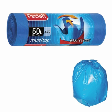 Мешки для мусора 60 л, с ушками, синие, в рулоне 20 шт., ПНД, 14 мкм, 60х77 см,