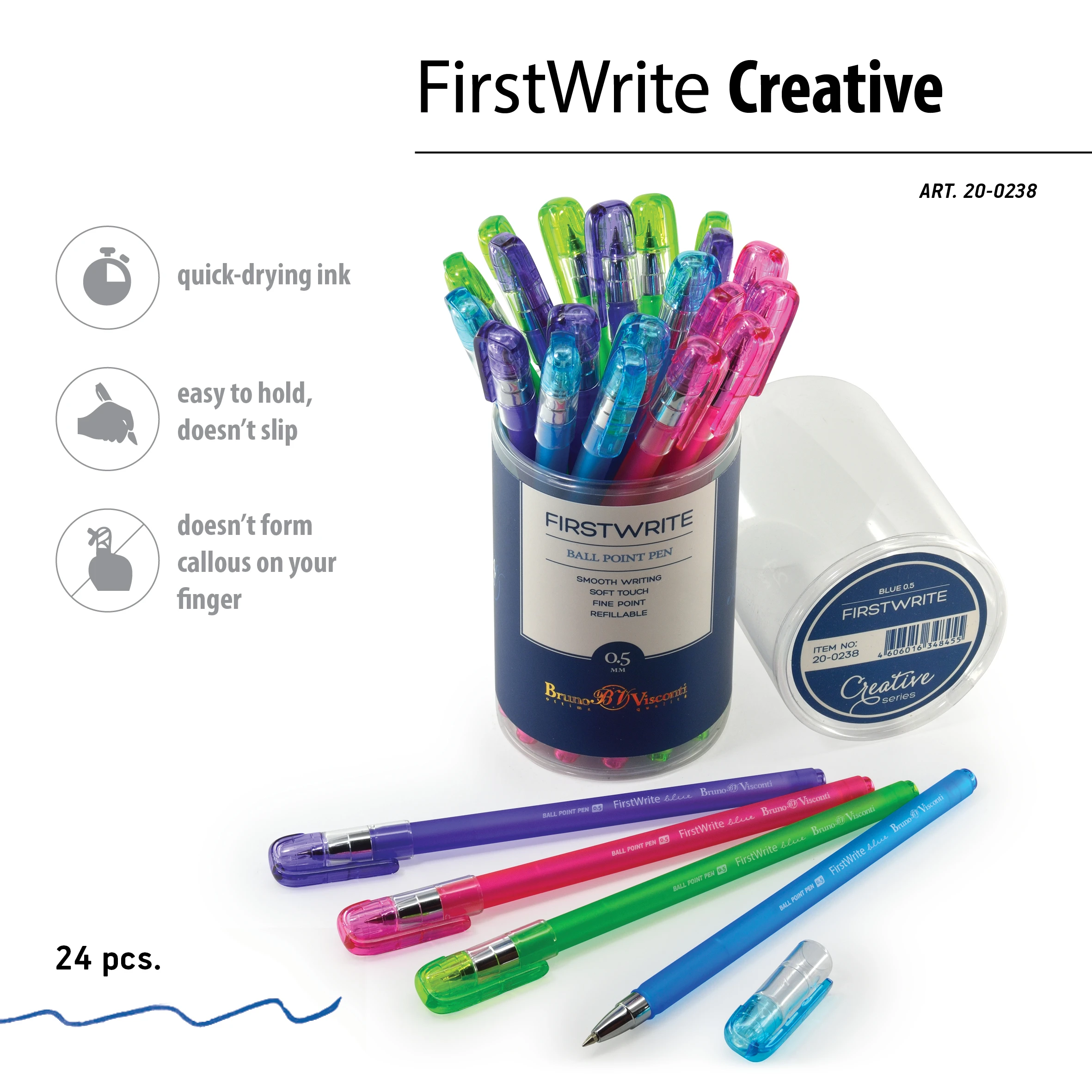 РУЧКА "FirstWrite. Creative" ШАРИКОВАЯ 0.5 ММ, СИНЯЯ (4 цвета корпуса)