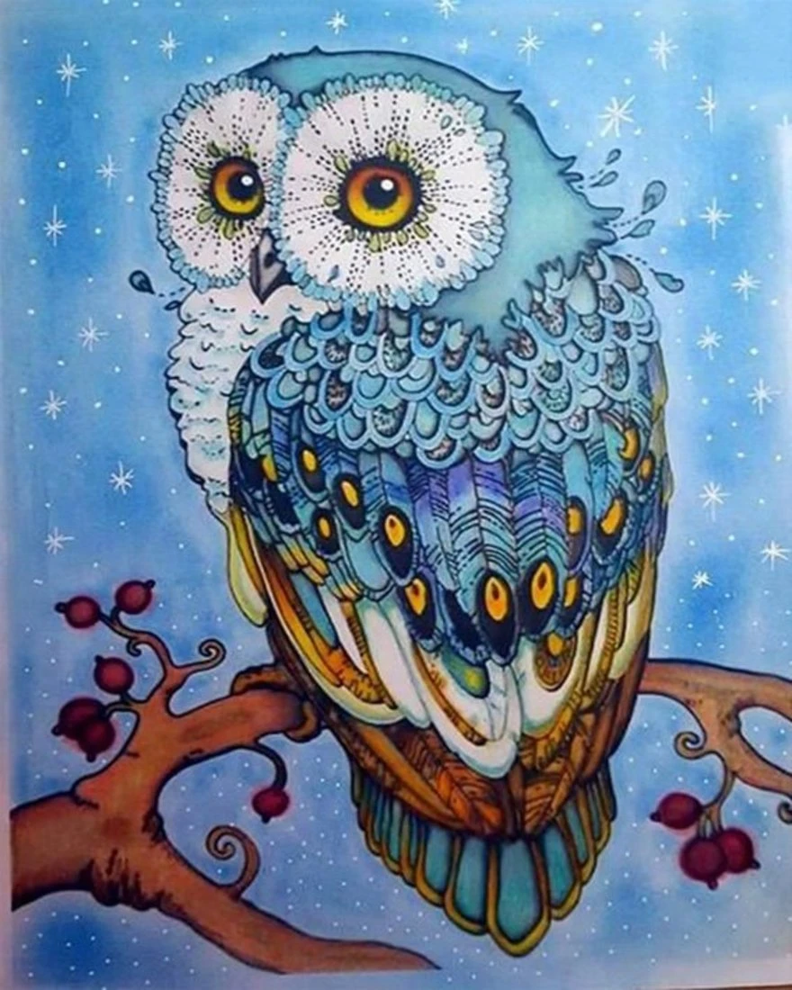 Алмазная мозаика Совушка на ветке, 17х22 см, 17 цв, полн. заполнение, с подр.