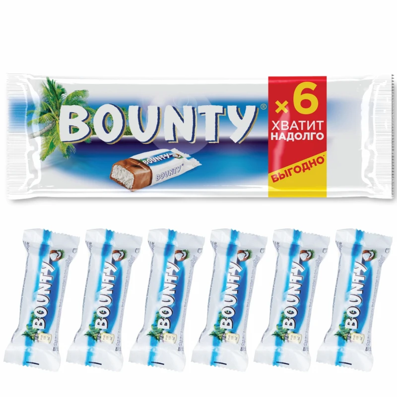 Шоколадный батончик Bounty, 6шт x 27,5г/уп