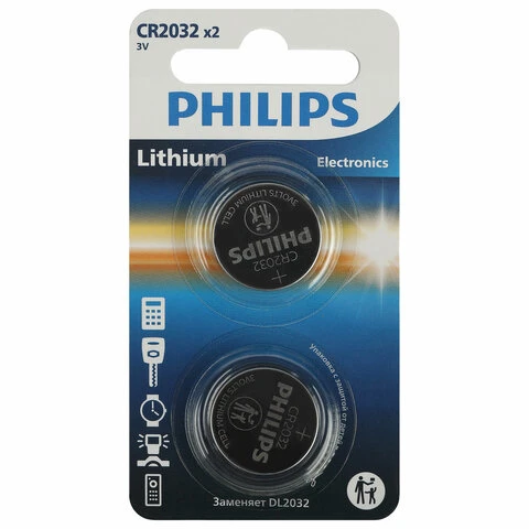 Батарейки КОМПЛЕКТ 2 шт., PHILIPS Lithium, CR2032, литиевые, блистер, Б0062716