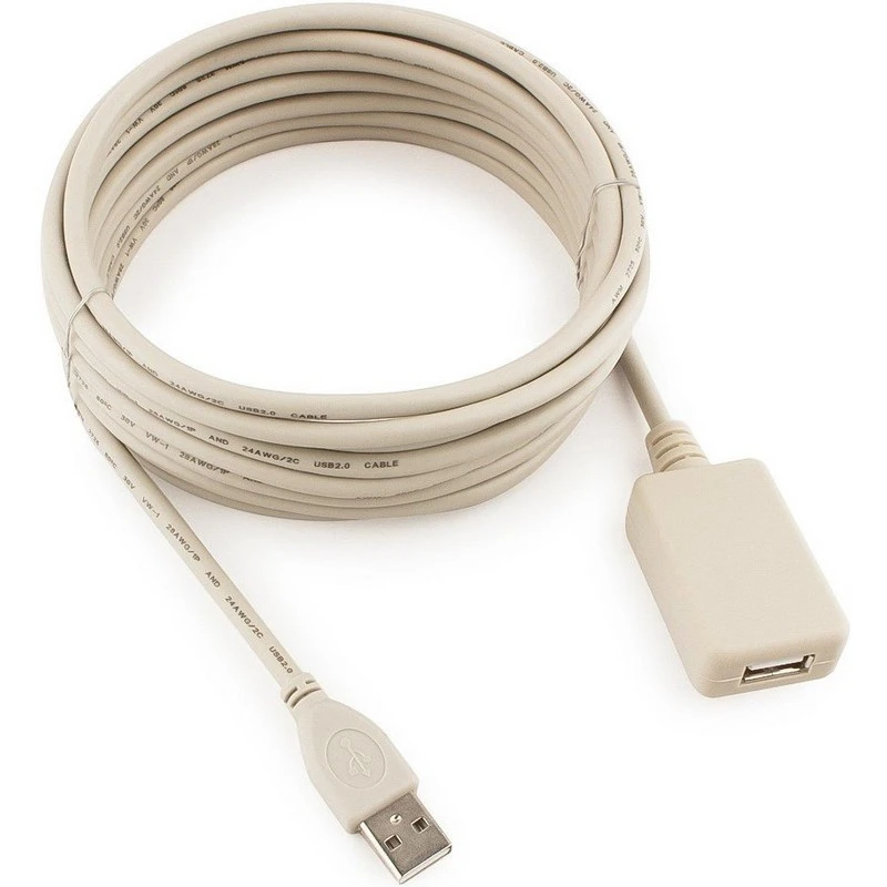 Кабель USB 2.0 AM/AF, 4.8 м, активный, Cablexpert, сер, UAE016