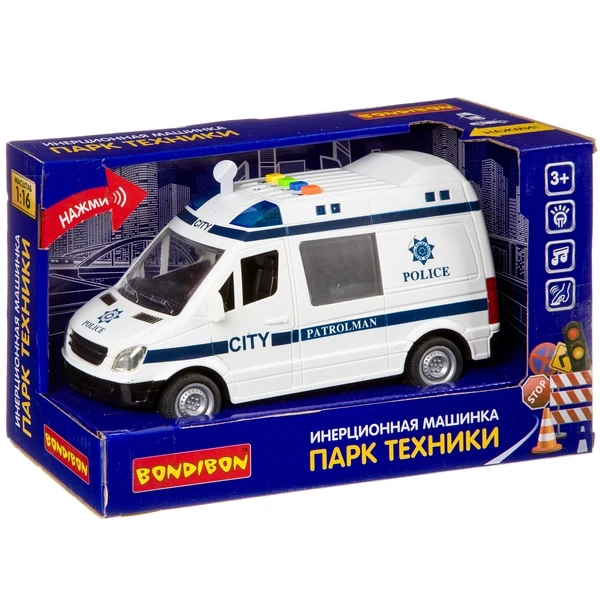 Инерционная машинка Bondibon «ПАРК ТЕХНИКИ», полицейский фургон, свет, звук BOX