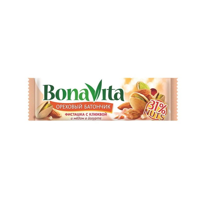 Батончик ореховый Bona Vita с фисташками, клюквой и медом 35 гр