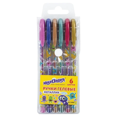 Ручки гелевые ЮНЛАНДИЯ, НАБОР 6 шт., АССОРТИ МЕТАЛЛИК, с печатью, узел 0,7 мм,