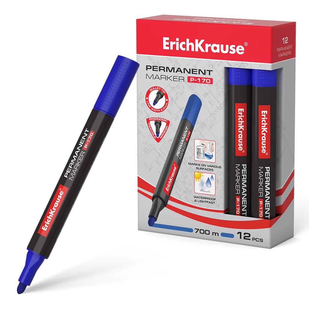 Перманентный маркер ErichKrause® P-170, цвет чернил синий (в коробке по 12 штук)