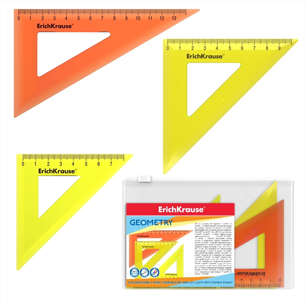Набор из 3 угольников пластиковых Erich Krause Neon, 7см/45° - желтый, 9см/45° -