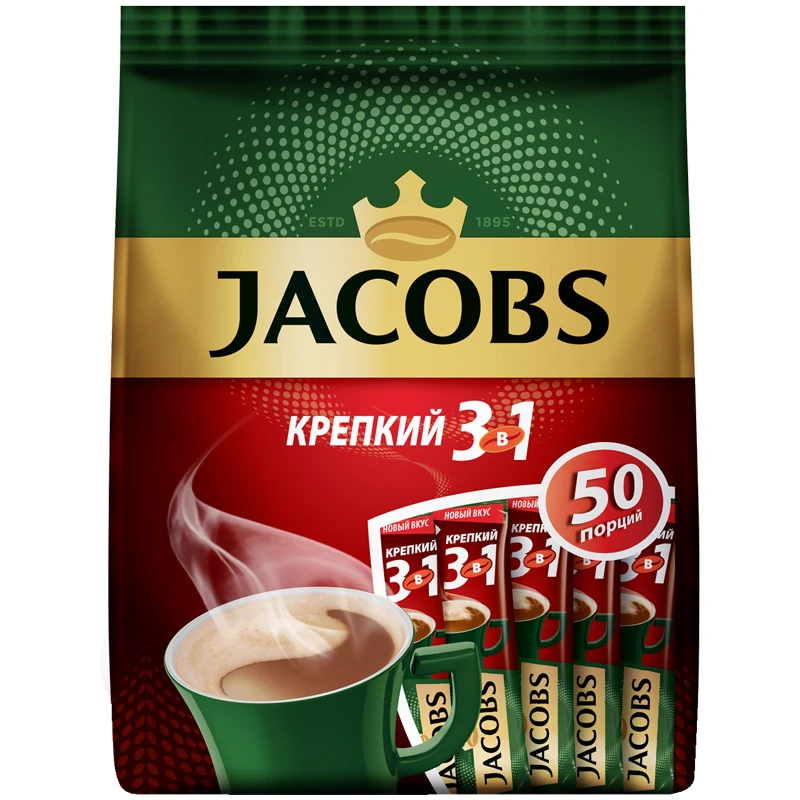 Кофе растворимый Jacobs "Крепкий", 3 в 1, порошкообразный, порционный,