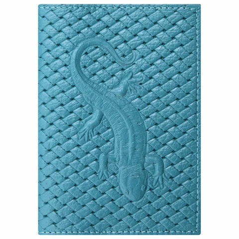 Обложка для паспорта натуральная кожа плетенка, с ящерицей, бирюзовая, STAFF,