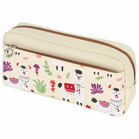 Пенал-косметичка ЮНЛАНДИЯ, 2 отделения, мягкий, "Ламы", бежевый,