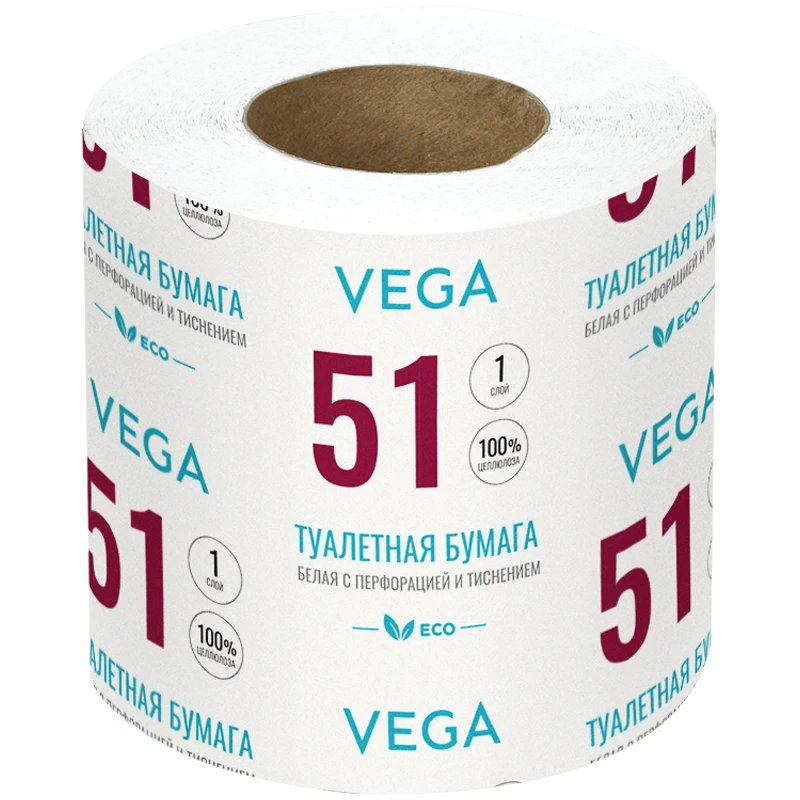 Бумага туалетная Vega, 1-слойная, 51 м/рул., на втулке, с перфорацией, с