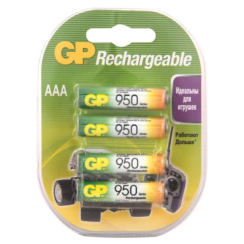 Батарейки аккумуляторные GP, AAA, Ni-Mh, 950 mAh, комплект 4 шт., в блистере