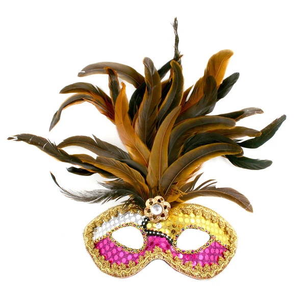 Новогодняя маска с перьями, узорной тесьмой, самоцветом, паетками разноцв.