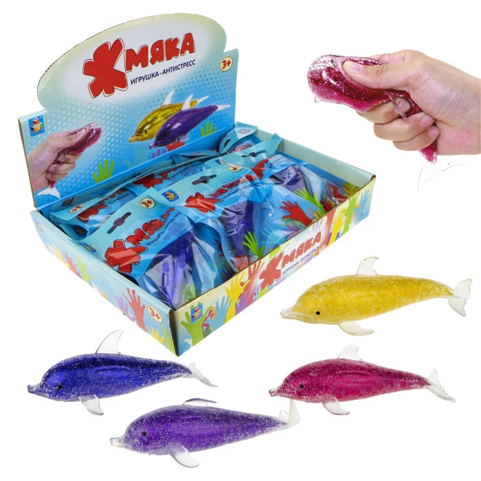 1TOY Жмяка дельфин блестящий с шариками,12 см, 4 цвета, цветной пакет с