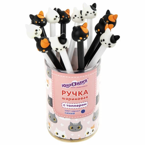 Ручка с топпером шариковая ЮНЛАНДИЯ "Кошка", корпус ассорти, СИНЯЯ, Ручка с топпером шариковая ЮНЛАНДИЯ "Кошка", корпус ассорти, СИНЯЯ,