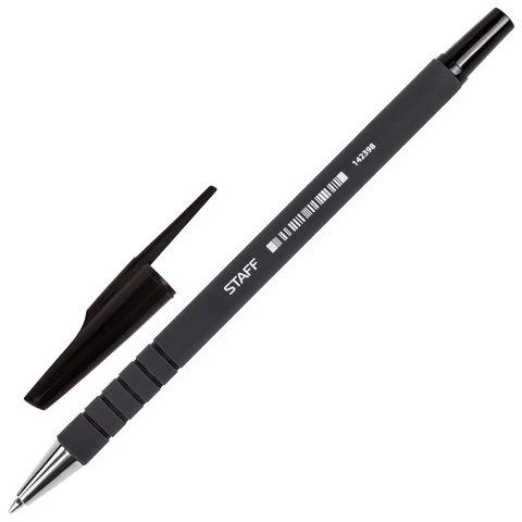 Ручка шариковая STAFF, ЧЕРНАЯ, корпус прорезиненный черный, узел 0,7 мм, линия